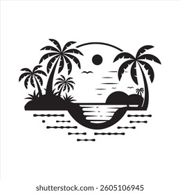 Tropical beach with palm tree icon, vector illustration of paradise island, ocean, and sun, evoking a summer vacation atmosphere