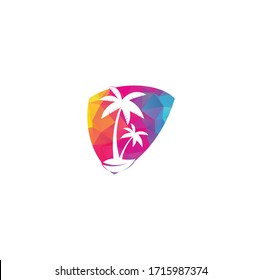 Tropical beach and palm tree logo design. Creative simple palm tree vector logo design. Tropical beach shield shape concept logo.
