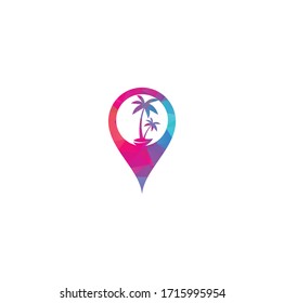Diseño de logotipo de playa tropical y palmera. Diseño del logo del vector de palmera. Logotipo del concepto de alfiler de mapa tropical de playa.