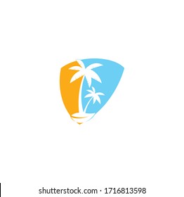 Tropical beach and palm tree logo design. Creative simple palm tree vector logo design. Tropical beach shield shape concept logo	
