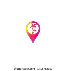 Tropical beach and palm tree logo design. Palm tree map pin shape concept vector logo design. Beach logo.