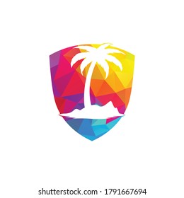 Tropical beach and palm tree logo with shield shape design. shield palm tree vector logo design