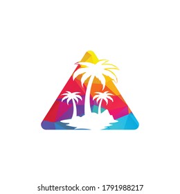 Tropical beach and palm tree logo in triangle shape design. Triangle palm tree vector logo design.