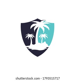 Tropical beach and palm tree logo with shield shape design. shield palm tree vector logo design.