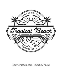 imagen de la línea del logotipo de la playa tropical y la palmera de la línea de la palma ilustra el icono de la plantilla de diseño gráfico.