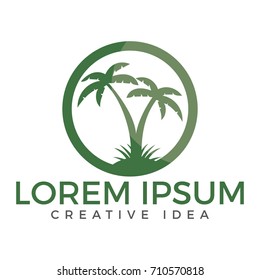 Tropical beach and palm tree logo design.