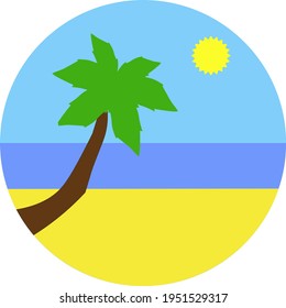 Tropical beach palm tree ocean sea sun summer vibe cartoon vector in a circle sign symbol logo