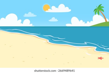 Tropical beach with palm tree ocean sand clouds and sun illustration