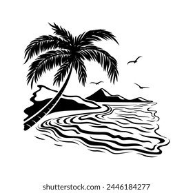 Tropical beach with palm tree on white background.