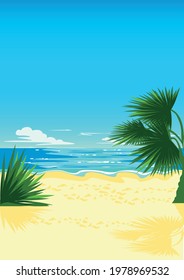 Tropical beach with palm tree and shining sea for screensaver, banner or poster. Summer vacation by the sea vector vertical background