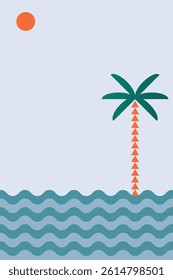 Tropical beach with palm tree. Vector vertical template with space for text