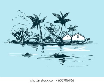 Tropical beach with palm trees and bungalow. Hand drawn illustration converted to vector.