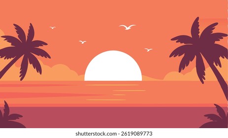 Tropical beach and palm trees by the sea, with a summer resort at sunset surrounded by clouds.