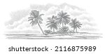 Tropical beach with palm trees engraving vintage style illustration. Vector. 