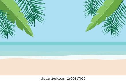 Tropischer Strand mit Palmen, der an einem sonnigen Tag eine wunderschöne Meereslandschaft umrahmt, perfekt für Sommerurlaubswerbung. Vektorgrafik mit Kopienraum