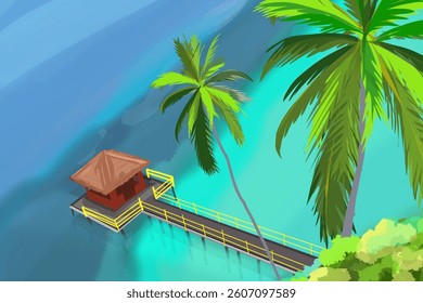 tropical beach with palm trees with a gazebo over the water