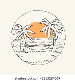 Tropical beach with palm trees and hammock. Hand drawn vector illustration