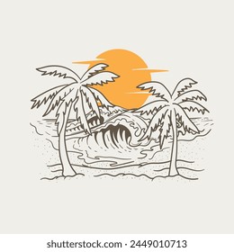 Tropical beach with palm trees. Hand drawn vector illustration