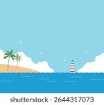 Tropical beach with palm trees and lighthouse by the ocean. Peaceful coastal scene with blue sky, seagulls, and gentle waves. Perfect for summer, travel, or vacation themes.