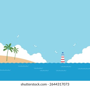 Tropical beach with palm trees and lighthouse by the ocean. Peaceful coastal scene with blue sky, seagulls, and gentle waves. Perfect for summer, travel, or vacation themes.