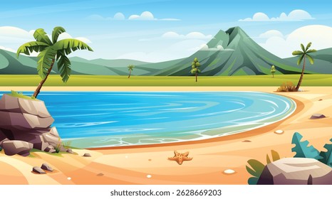 Tropical beach with palm trees, mountain view and starfish on sand. Vector cartoon illustration