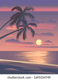 Tropical beach with palm trees and ocean -holiday resort at the purple sunset
