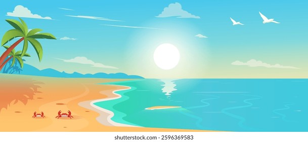 Tropical beach with palm trees, ocean, and sunset. Vector illustration