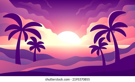 Tropical beach with palm trees on bright sunset background. Mediterranean idyllic evening landscape.