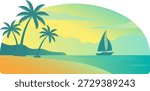 Tropical beach with palm trees and sailboat at sunset, vibrant gradient sky and ocean