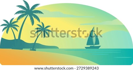 Tropical beach with palm trees and sailboat at sunset, vibrant gradient sky and ocean
