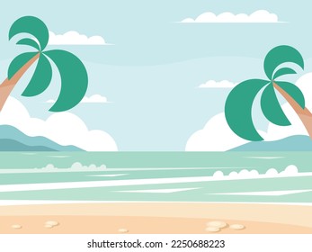 Tropical beach with palm trees. Sandy seashore. Summer vacation. Vector graphics
