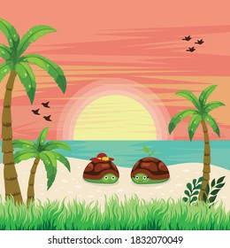 Tropical beach with palm trees and sea - summer resort at sunset with turtles in flat style