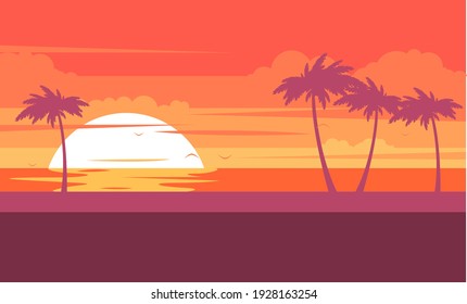 Tropical beach with palm trees and sea, summer resort at sunset, rest