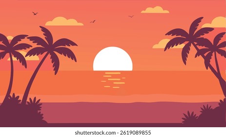Praia tropical com palmeiras e mar — um resort de verão ao pôr do sol com nuvens.