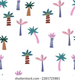 Tropical beach palm trees seamless pattern. Jungle background with rainforest leafy plants Nursery pastel palette for printing baby clothes, textiles fabrics. Vector cartoon illustration. 