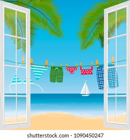 Tropical beach, palm trees and ship