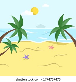 Tropical beach with palm trees and starfishes on the sand. Vector illustration