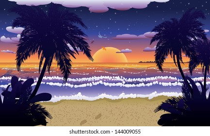 Tropical beach with palm trees at sunset or sunrise time.