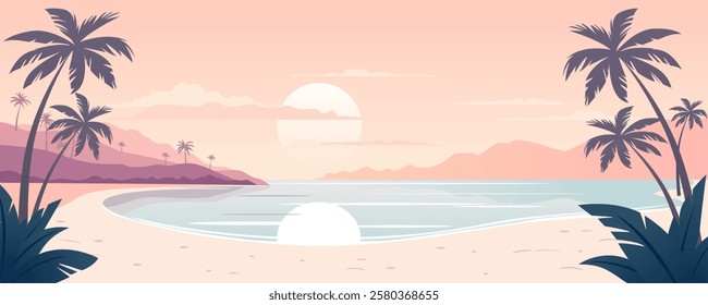 Tropical beach with palm trees at sunset. Sandy beach with tropical palm trees at evening sunset. Beach landscape in soft pink tones.