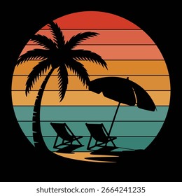 Tropischer Strand mit Palmen. Palme am Strand. Surfbrett am Strand mit Palmen. Vektorgrafik.