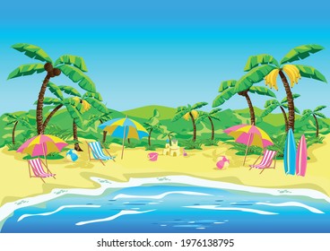 Tropical beach with palm trees, umbrellas and sun loungers in cartoon style. Summer landscape vector horizontal illustration
