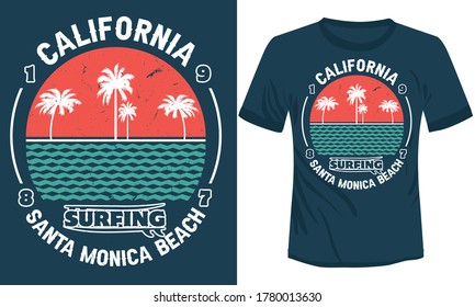 tropical beach with palm trees vector modern t-shirt illustration design, California Santa Monica beach surfing t-shirt design 