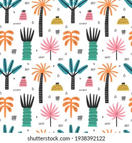 Tropical beach palm trees vector seamless pattern. Hand drawn jungle background with rainforest leafy plants and sketch doodle drawings. Modern textile, wrapping paper print design. Scandinavian style
