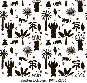 Tropische Strandpalmen, Vektorgrafik nahtloser Muster. Handgezeichneter Dschungelhintergrund mit Regenwaldblätterpflanzen und Skizzendoodellzeichnungen. Modernes Textil, Wickelpapierdesign. Schwarz