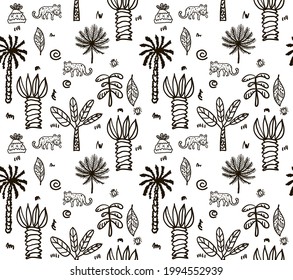 Las palmeras tropicales de la playa vectan un patrón sin fisuras. Fondo de jungla dibujado a mano con plantas de hojas de selva tropical y dibujos de doodles. Diseño de impresión de papel textil y envolvente moderno. negro
