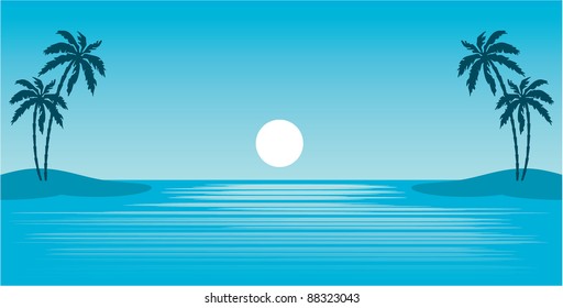 Tropical beach with palm trees. vector, gradient, color full, no mesh