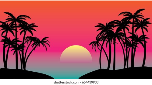  tropical beach with palms and sunset
vector nature illustration, vivid colors