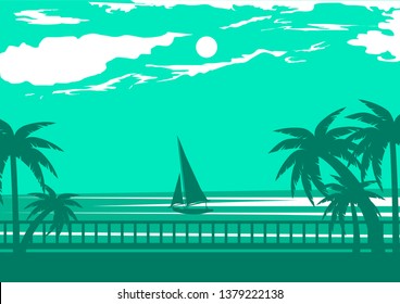 tropical beach with palms and yacht sailing to the ocean vector illustration