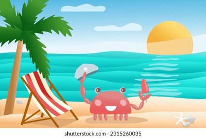Tropical beach panorama background with cute crab character on vacation, vector