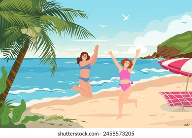 Tropical beach panoramic view with palm trees and rocks on the seashore. Happy girls jumping up on seaside. Cheerfull women in swimwear, excited about summer vacation. Flat vector